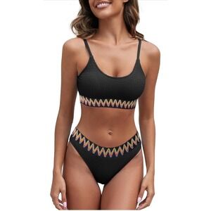 Womens Black Zigzag Trim SmallHigh Waisted Bikini Two Piece Swimsuit Beachwear